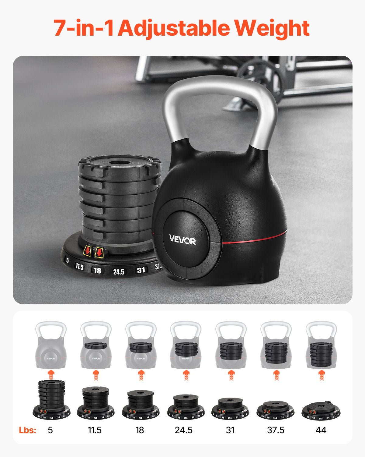 Adjustable 7 Weight Levels (5–44 lbs) Kettlebell