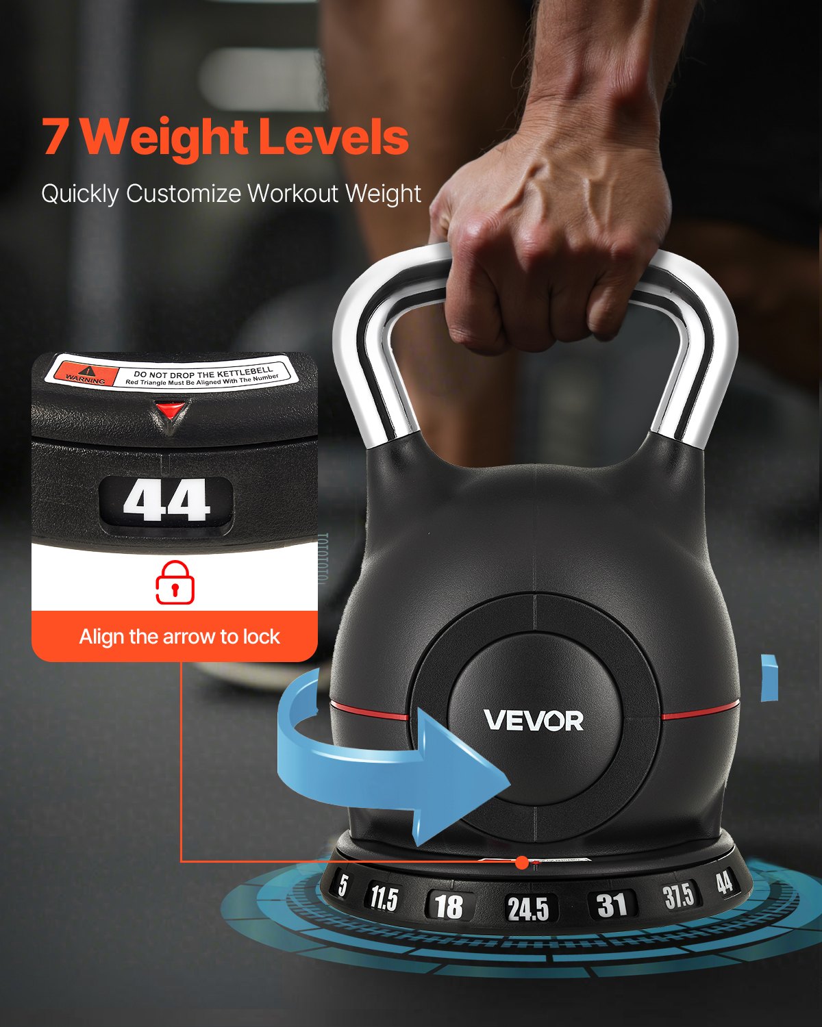 Adjustable 7 Weight Levels (5–44 lbs) Kettlebell