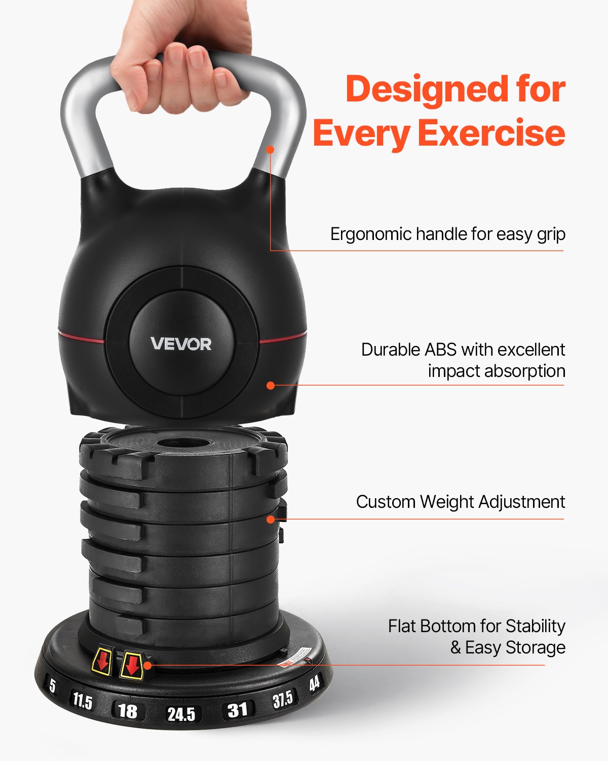 Adjustable 7 Weight Levels (5–44 lbs) Kettlebell